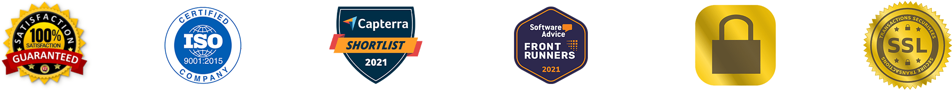 Trust badges: 100% Satisfaction Guaranteed, ISO 9001:2015 Certified Company, Capterra Shortlist 2021, Software Advice Front Runners 2021, Secure Checkout, SSL Secure Transactions