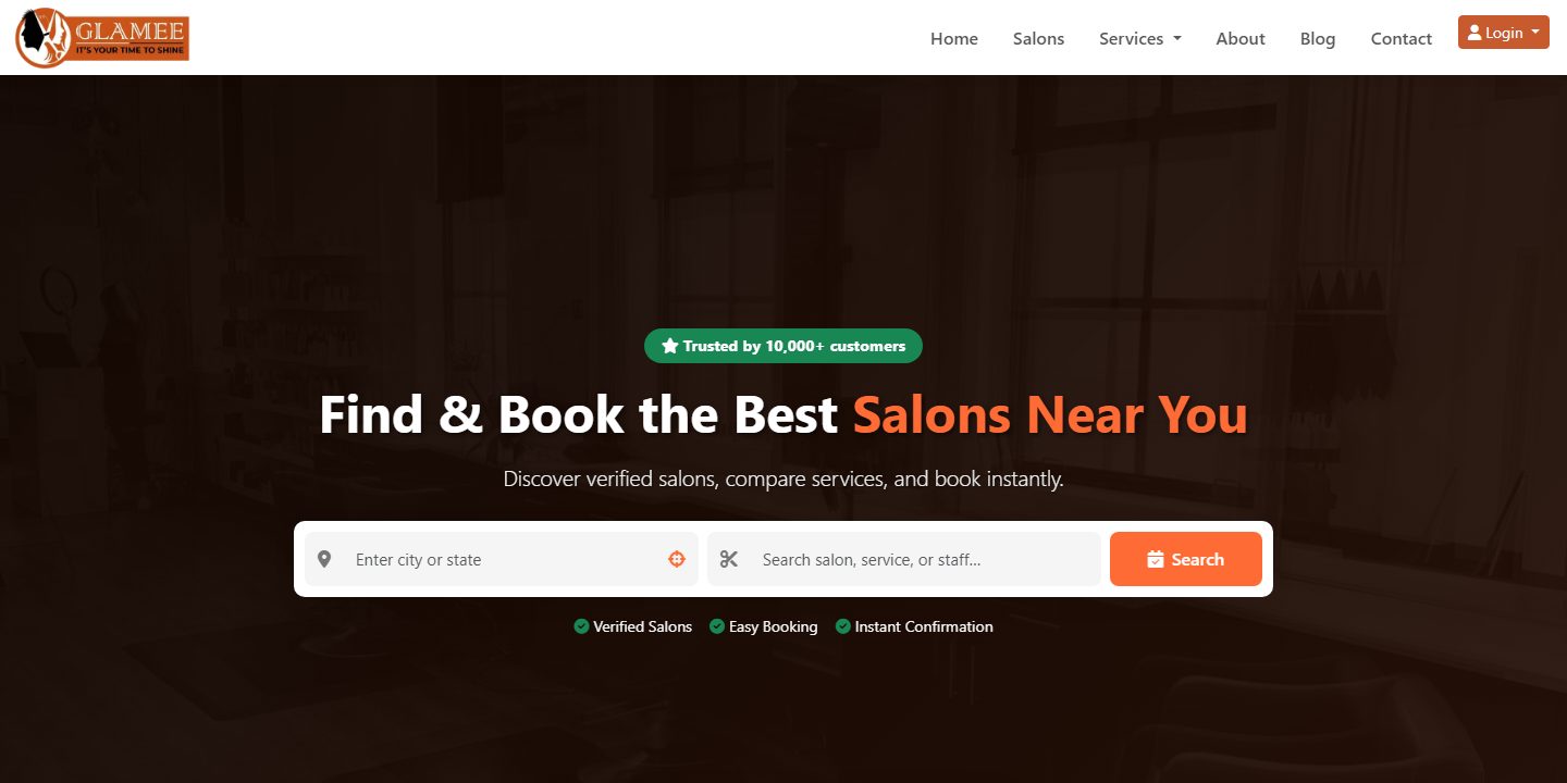 Glamee website homepage — Find & Book the Best Salons Near You